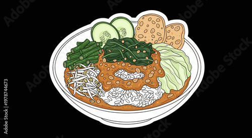A delicious serving of Indonesian Gado-Gado salad with rice, vegetables, and peanut sauce, beautifully illustrated on a black background