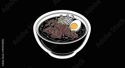 Minimalist graphic art of a delicious Asian noodle bowl with dark broth, tender meat, sprouts, and egg, outlined in white on black, embodying comforting culinary appeal