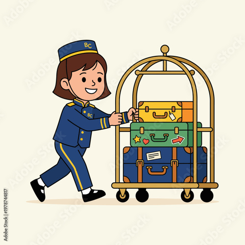 Cartoon bellhop pushing luggage cart.