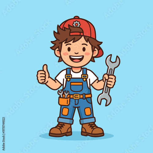 Cartoon boy holding wrench and tools.