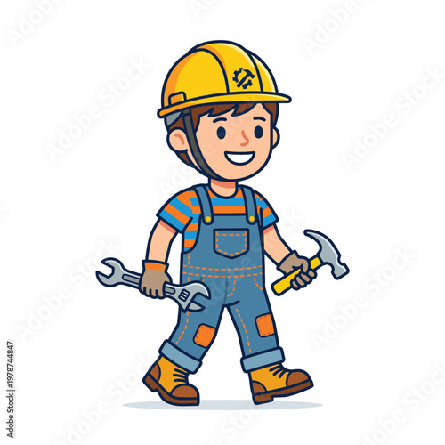 Cartoon boy with yellow hard hat.