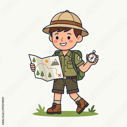 Cartoon boy with map and compass.
