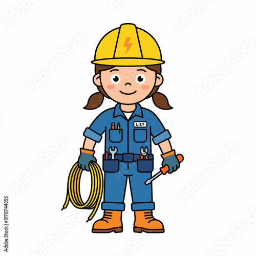 Cartoon female worker with tools.