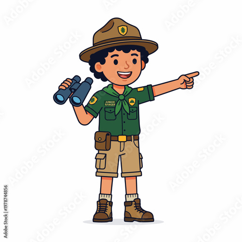 Cartoon park ranger boy pointing.