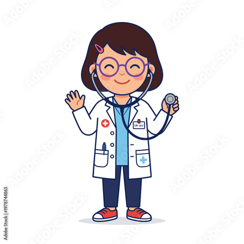 Cartoon doctor with stethoscope smiling.