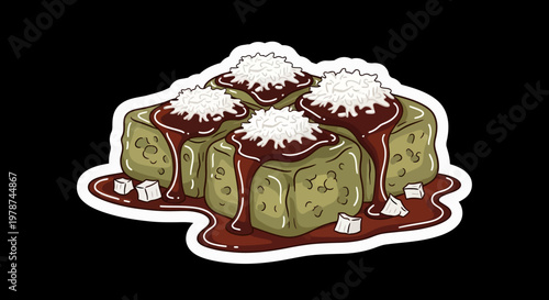 An appetizing graphic depicting vibrant green dessert squares, sumptuously coated in rich chocolate sauce and adorned with delicate coconut flakes, a delightful and tempting sweet treat