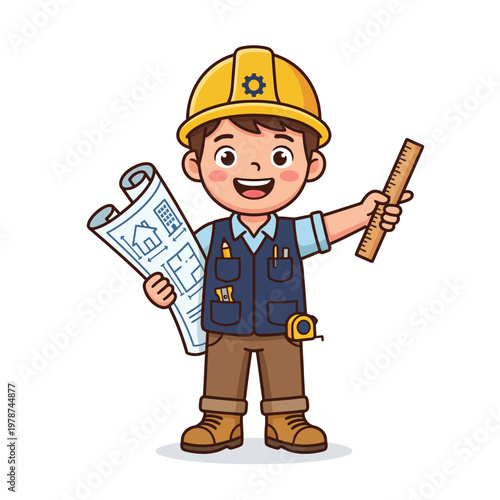 Cartoon boy holding blueprint and ruler.