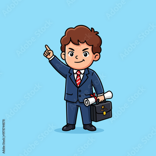 Businessman pointing with briefcase and diploma.