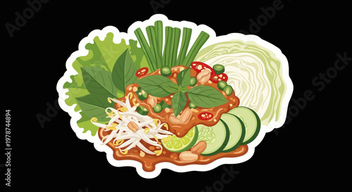 Vibrant illustration of a delicious Thai peanut sauce dish with fresh vegetables and herbs, perfect for food blogs and culinary inspiration