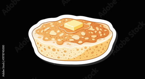 Deliciously toasted crumpet, golden-brown with a square of rich, melting butter on its inviting surface, symbolizing cozy morning comfort and a simple, warm breakfast treat