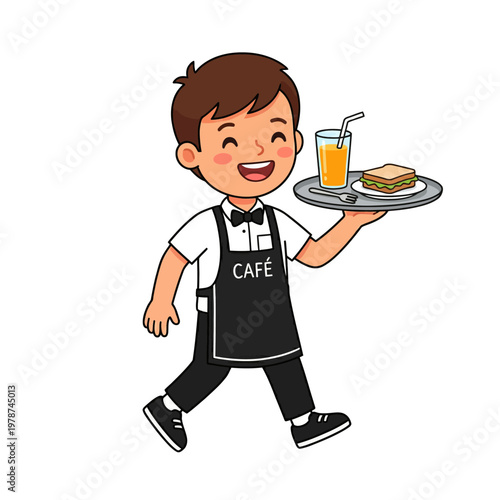 Young Boy Holding Food Tray Service.