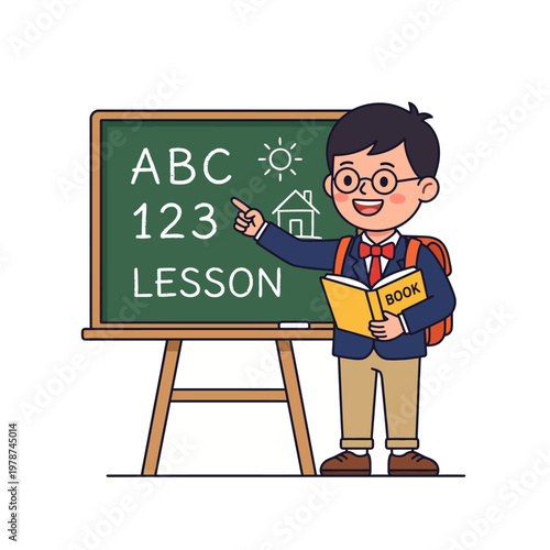 Young Boy Holding Book Standing Beside Chalkboard.