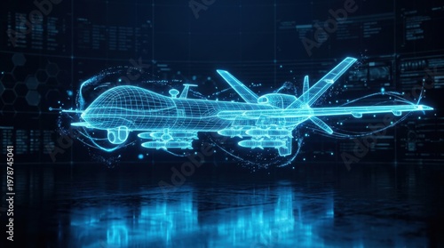 Military drone wireframe digital hud interface with glowing blue particles and data analysis screens on dark background for futuristic defense surveillance and autonomous aviation technology