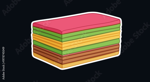 A colorful stacked cake with pink, green, yellow, and brown layers, perfect for celebrations and sweet treats