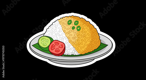 Delicious Plate of Fried Rice with Fresh Slices of Tomato and Cucumber