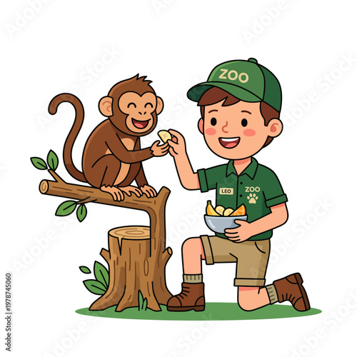 Zookeeper feeding a cute monkey.