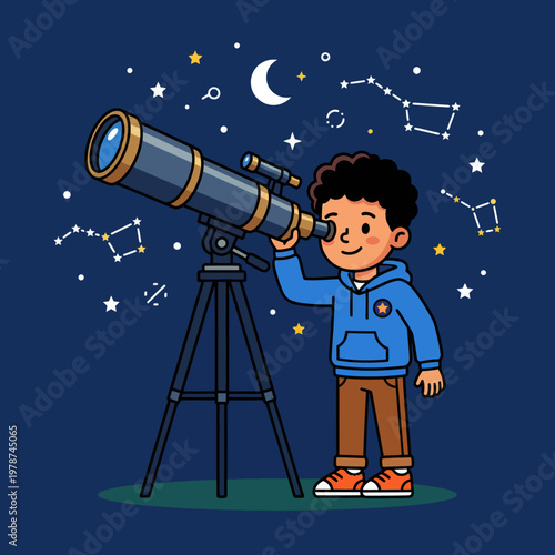 Boy looking through a telescope.