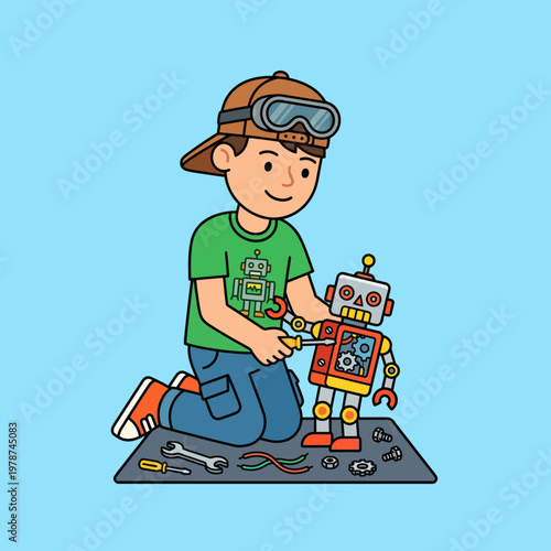 Boy repairing robot with tools.