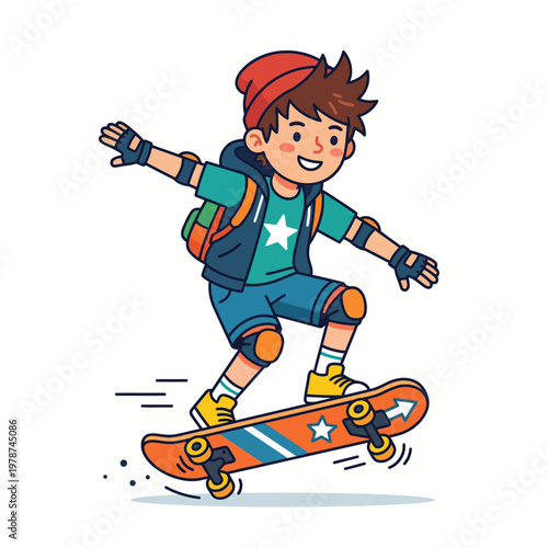 Boy Riding an Orange Skateboard Outdoors.