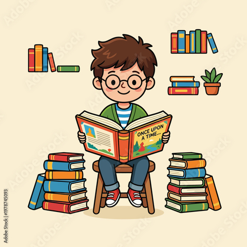 Boy reading a large book.