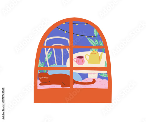 A cute red cat lies on the window of a coffee shop. A cup of hot drink and cookies in a jar. Cozy flat illustration.