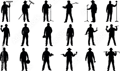 Black silhouettes of diverse workers, handymen, farmers, and photographers standing with professional tools and equipment on white background vector.