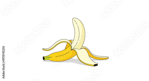 A solitary ripe yellow banana with its thick peel partially removed sits horizontally against a stark white backdrop in a clean minimalist vector style.