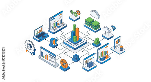 An intricate isometric illustration depicting a complex data analytics and business intelligence system with interconnected digital components and charts.