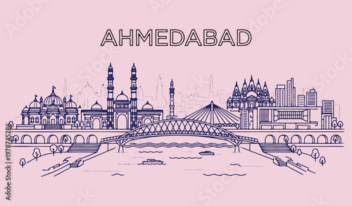 Ahmedabad city skyline with bridge and river in line art style