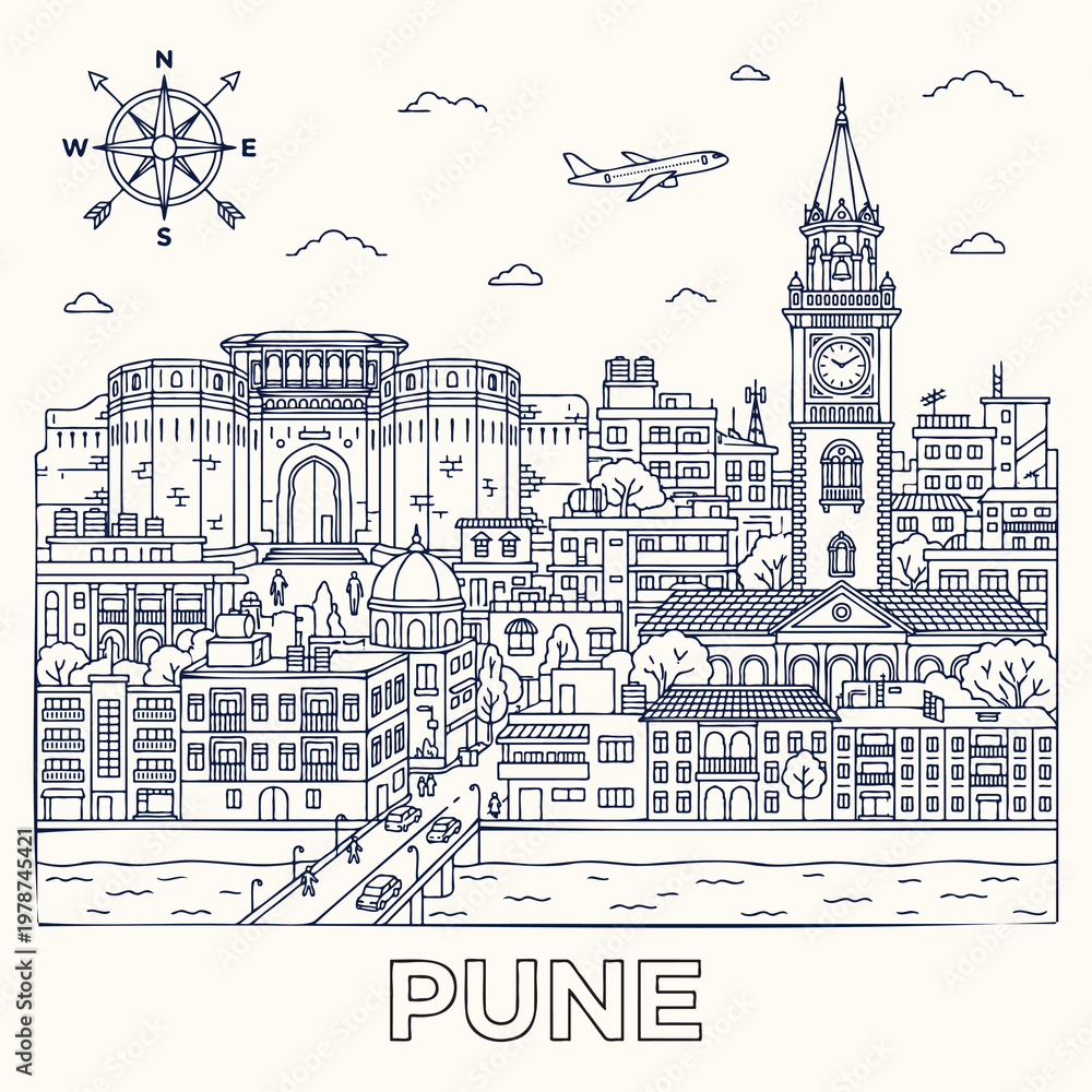 Obraz premium Pune city skyline sketch with famous landmarks and compass