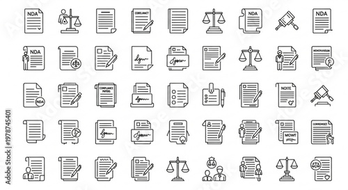 A collection of various law icons and legal documents illustrations.