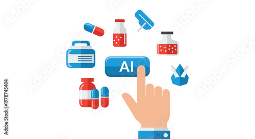 An adult human hand presses a glowing blue button labeled with AI text amidst a collection of colorful pharmaceutical pill bottles and medical capsules.