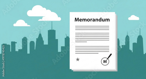 A memorandum document lies on a cityscape background with a pencil.