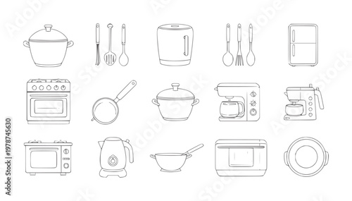 Collection of kitchen appliances and utensils line cooking