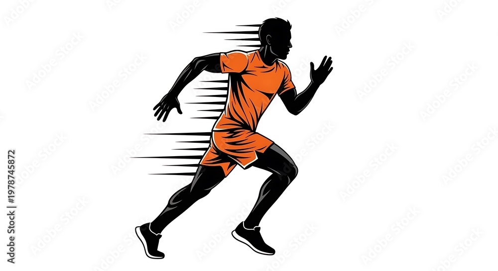 Obraz premium Silhouette of a male runner, orange attire, speed lines, white background, dynamic pose