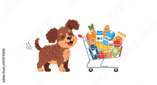 A small brown dog stands happily next to a metal shopping cart filled with various groceries including milk cartons and fresh fruits in a flat illustration.