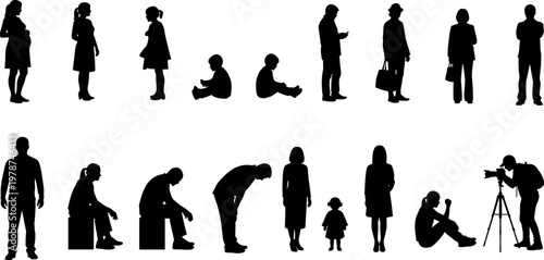 Large Collection of People Silhouettes Including Pregnant Woman Children Professionals and Photographer in Various Poses for Diverse Vector Design Projects