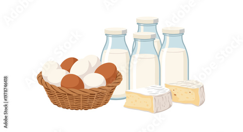 Wicker basket filled with organic brown and white eggs sits beside glass bottles of fresh milk and wedges of creamy cheese on a clean white background.