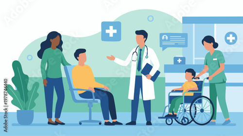 Healthcare professionals assisting diverse patients and child in modern clinic