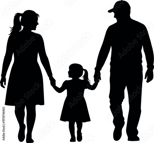 Silhouette of a happy family with mother father and daughter walking together holding hands isolated on white background for lifestyle