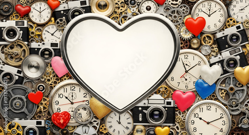 A heart shaped frame surrounded by clocks and cameras
