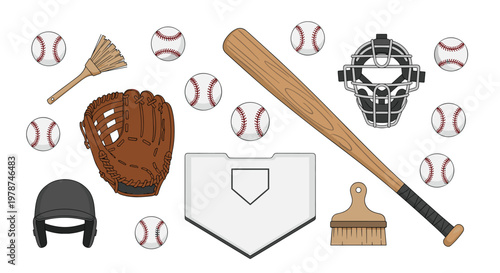Comprehensive collection of baseball equipment featuring a wooden bat, leather glove, protective helmet, game balls, home plate, and cleaning brushes.