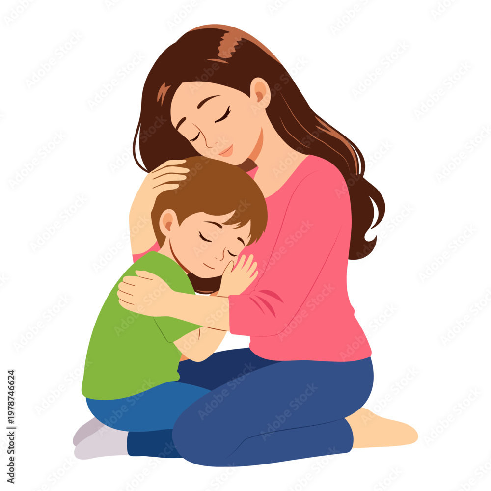 Obraz premium A loving mother comforting and hugging her young son