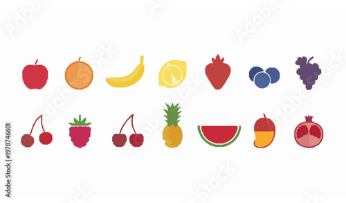 Minimal fruit and berry flat icon set fresh food vector illustration isolated on white background