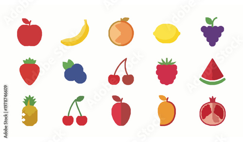 Flat fruit and berry icon set colorful vector illustration isolated on white background