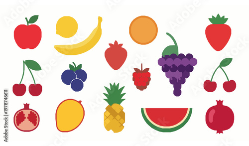 Colorful fruit and berry flat icons collection fresh food vector isolated on white background