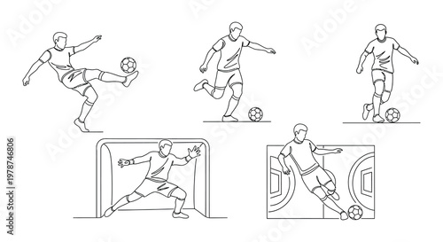 Line art illustration depicting soccer players in various action poses