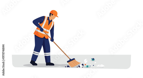 An industrial worker in bright orange safety gear sweeps scattered paper scraps and small trash items across a light gray concrete floor in this clean shot.