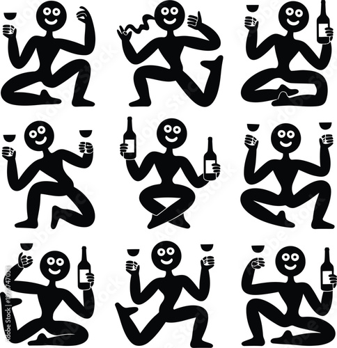 Set of abstract figures in dancing or yoga poses with wine bottles and glasses black and white abstract silhouette celebration enjoyment illustration