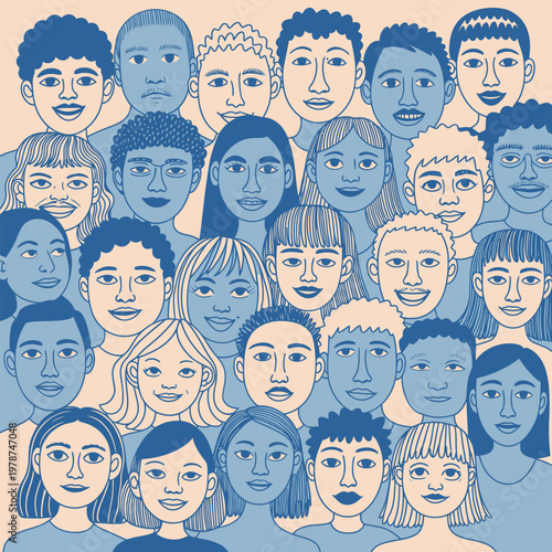 Diverse group of people's faces in a crowd with human faces many people face illustration diversity community together illustration collection portrait